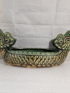 Vtg Ceramic Double Headed Dragon Planter Signed